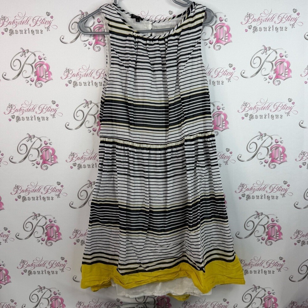 Talbots dress, ruffles stripes, Black, White, and Yellow Striped Midi Dress